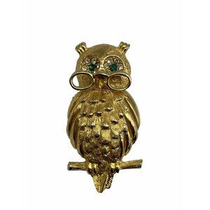 Vintage Signed Jeanne Owl Brooch Pin Gold-Tone Rhinestone